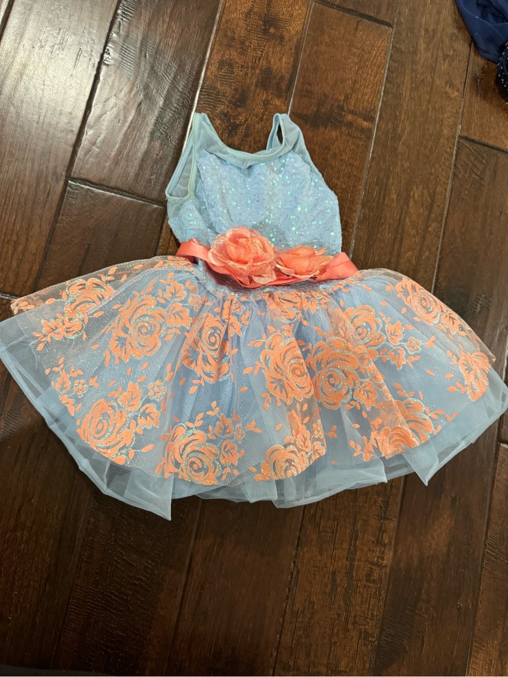 Weissman Light Blue and Coral Floral Tulle Dance Costume - SC Child Small